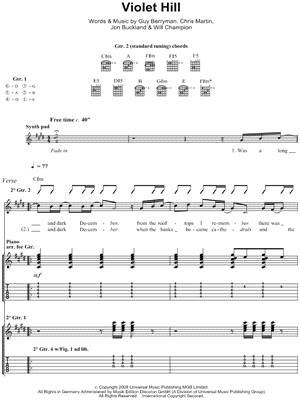 Violet Hill Sheet Music by Coldplay - Guitar Recorded Versions (with TAB), Guitar TAB Transcription/Guitar Recorded Versions (with TAB);Guitar TAB Transcription