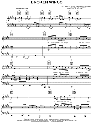 Broken Wings Sheet Music by Bryan Adams - Piano/Vocal/Guitar