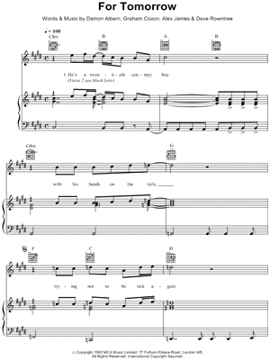For Tomorrow Sheet Music by Blur - Piano/Vocal/Guitar