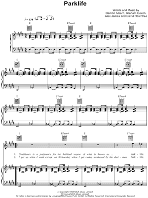 Parklife Sheet Music by Blur - Piano/Vocal/Guitar