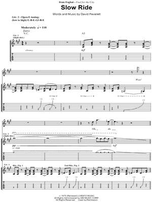 Slow Ride Sheet Music by Foghat - Guitar Recorded Versions (with TAB), Guitar TAB Transcription/Guitar Recorded Versions (with TAB);Guitar TAB Transcription