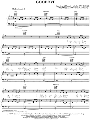 Goodbye Sheet Music by Miley Cyrus - Piano/Vocal/Guitar
