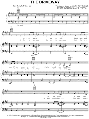 The Driveway Sheet Music by Miley Cyrus - Piano/Vocal/Guitar
