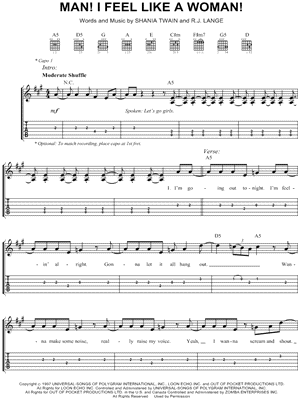 Man! I Feel Like a Woman! Sheet Music by Shania Twain - Easy Guitar TAB