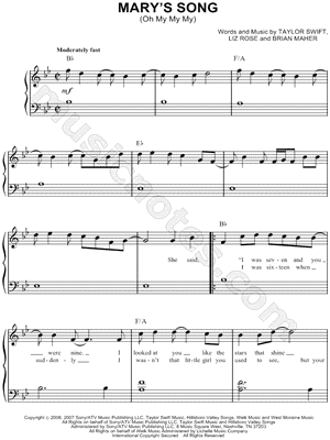 Taylor Swift Sheet Music Piano on Taylor Swift   Mary S Song Sheet Music  Easy Piano    Download