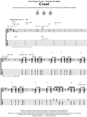 Crawl Sheet Music by Kings of Leon - Guitar Recorded Versions (with TAB), Guitar TAB Transcription/Guitar Recorded Versions (with TAB);Guitar TAB Transcription