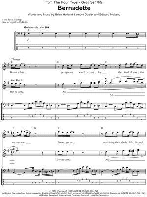 Bernadette Sheet Music by The Four Tops - Bass Recorded Versions (with TAB)