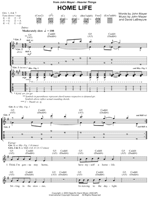 Home Life Sheet Music by John Mayer - Guitar Recorded Versions (with TAB), Guitar TAB Transcription/Guitar Recorded Versions (with TAB);Guitar TAB Transcription