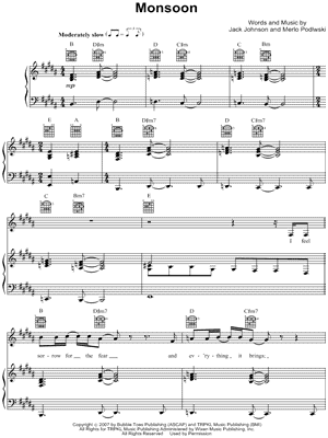 Monsoon Sheet Music by Jack Johnson - Piano/Vocal/Guitar, Singer Pro