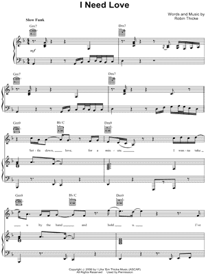 I Need Love Sheet Music by Robin Thicke - Piano/Vocal/Guitar, Singer Pro