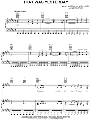 That Was Yesterday Sheet Music by Foreigner - Piano/Vocal/Guitar