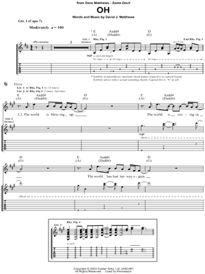 Oh Sheet Music by Dave Matthews - Guitar Recorded Versions (with TAB), Guitar TAB Transcription/Guitar Recorded Versions (with TAB);Guitar TAB Transcription