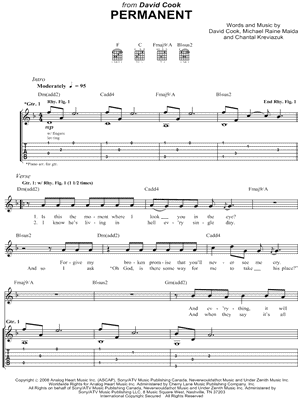 Permanent Sheet Music by David Cook - Guitar Recorded Versions (with TAB), Guitar TAB Transcription/Guitar Recorded Versions (with TAB);Guitar TAB Transcription