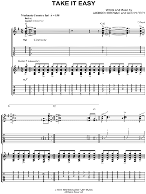 Take It Easy Sheet Music by The Eagles - Authentic Guitar TAB, Guitar TAB Transcription/Authentic Guitar TAB;Guitar TAB Transcription
