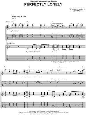 Perfectly Lonely Sheet Music by John Mayer - Guitar Recorded Versions (with TAB), Guitar TAB Transcription/Guitar Recorded Versions (with TAB);Guitar TAB Transcription