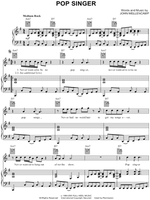Pop Singer Sheet Music by John Mellencamp - Piano/Vocal/Guitar