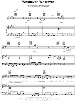 Whenever, Wherever Sheet Music by Shakira - Piano/Vocal/Guitar, Singer Pro