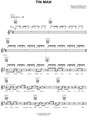 Tin Man Sheet Music by America - Lyrics/Melody/Guitar