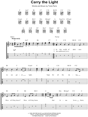 Carry the Light Sheet Music by Twila Paris - Easy Guitar TAB