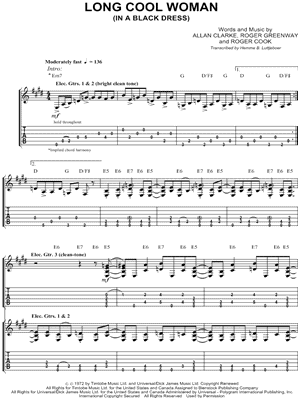 Long Cool Woman (In a Black Dress) Sheet Music by The Hollies - Guitar TAB Transcription