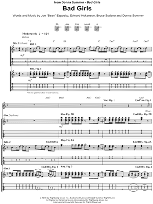 Bad Girls Sheet Music by Donna Summer - Guitar Recorded Versions (with TAB), Guitar TAB Transcription/Guitar Recorded Versions (with TAB);Guitar TAB Transcription