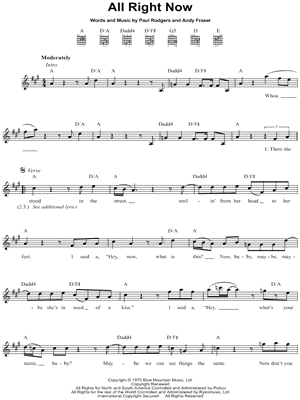 All Right Now Sheet Music by Free - Lyrics/Melody/Guitar