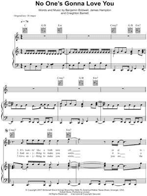 No One's Gonna Love You Sheet Music by Band Of Horses - Piano/Vocal/Guitar