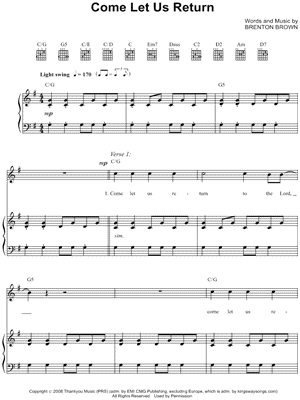 Come Let Us Return (Gloria) Sheet Music by Brenton Brown - Piano/Vocal/Guitar, Singer Pro