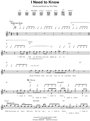 I Need To Know Sheet Music by Tom Petty - Lyrics/Melody/Guitar
