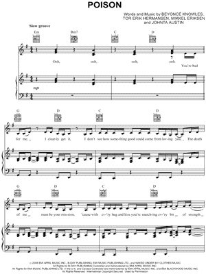 Poison Sheet Music by Beyonc - Piano/Vocal/Guitar