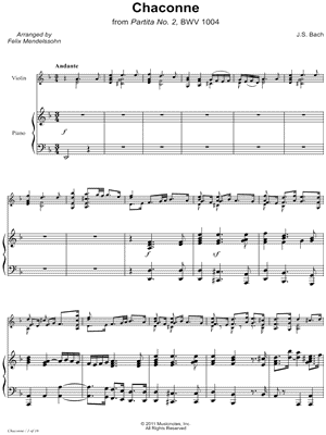 Johann Sebastian Bach - Chaconne from Partita No. 2, BWV 1004 - Piano Accompaniment - BWV 1004 - Sheet Music (Digital Download)