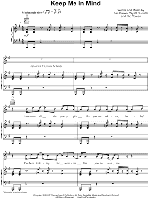 Keep Me In Mind Sheet Music by Zac Brown Band - Piano/Vocal/Guitar, Singer Pro