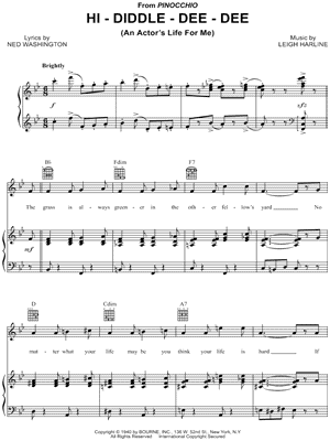 Hi-Diddle-Dee-Dee (An Actor's Life For Me) Sheet Music from Pinocchio - Piano/Vocal/Guitar