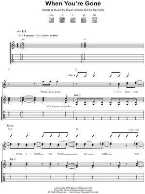 When You're Gone Sheet Music by Bryan Adams - Guitar Recorded Versions (with TAB), Guitar TAB Transcription/Guitar Recorded Versions (with TAB);Guitar TAB Transcription
