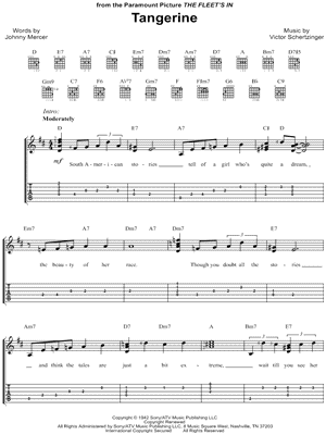 Tangerine Sheet Music by Jimmy Dorsey - Easy Guitar TAB