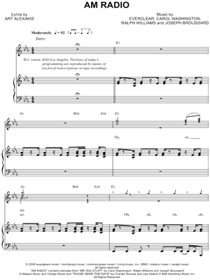 AM Radio Sheet Music by Everclear - Piano/Vocal/Chords, Singer Pro