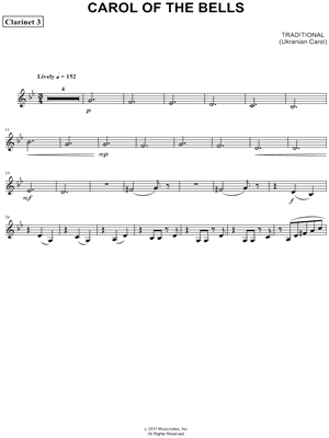 Carol of the Bells - Clarinet 3 (Clarinet Quartet) Sheet Music by Ukrainian Carol - Clarinet Part