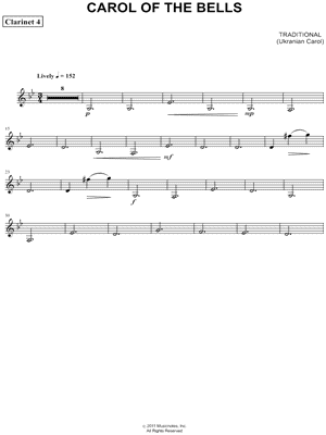 Carol of the Bells - Clarinet 4 (Clarinet Quartet) Sheet Music by Ukrainian Carol - Clarinet Part