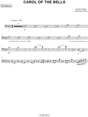 Carol of the Bells - Trombone (Brass Quartet) Sheet Music by Ukrainian Carol - Trombone Part