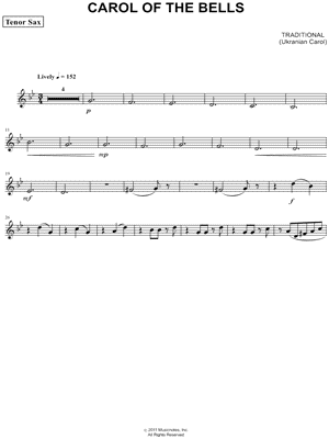 Carol of the Bells - Tenor Sax (Saxophone Quartet) Sheet Music by Ukrainian Carol - Tenor Saxophone Part