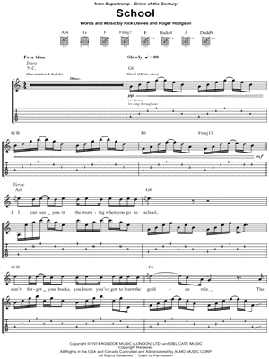 School Sheet Music by Supertramp - Guitar Recorded Versions (with TAB), Guitar TAB Transcription/Guitar Recorded Versions (with TAB);Guitar TAB Transcription