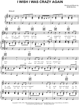 I Wish I Was Crazy Again Sheet Music by Johnny Cash - Piano/Vocal/Guitar