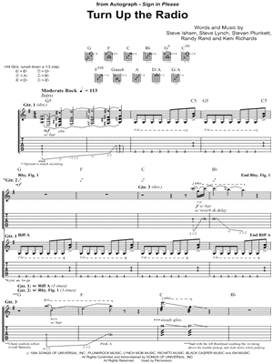 Turn Up the Radio Sheet Music by Autograph - Guitar Recorded Versions (with TAB), Guitar TAB Transcription/Guitar Recorded Versions (with TAB);Guitar TAB Transcription