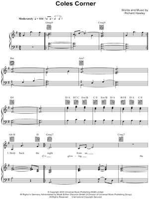 Coles Corner Sheet Music by Richard Hawley - Piano/Vocal/Guitar, Singer Pro