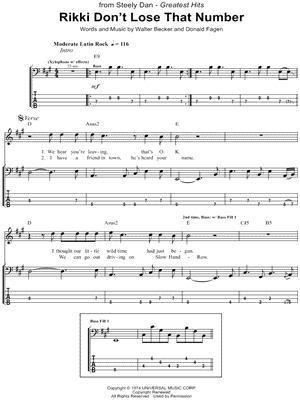 Rikki Don't Lose That Number Sheet Music by Steely Dan - Bass TAB
