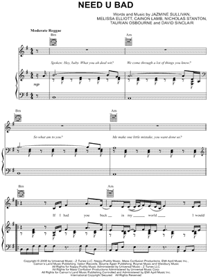 Need U Bad Sheet Music by Jazmine Sullivan - Piano/Vocal/Guitar
