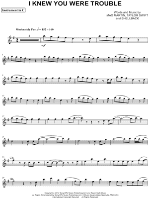 Taylor Swift - I Knew You Were Trouble - C Instrument - Sheet Music (Digital Download)
