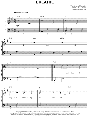 Breathe Sheet Music by Faith Hill - Big Note, Easy Piano/Big Note;Easy Piano