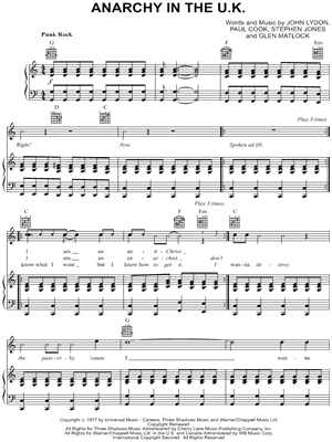 Anarchy in the U.K. Sheet Music by Sex Pistols - Piano/Vocal/Guitar, Singer Pro