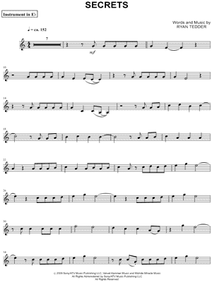 Secrets - Eb Instrument Sheet Music by OneRepublic - for Alto Saxophone or Baritone Saxophone